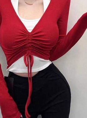 新年红色长袖假两件V领抽绳短款针织衫女春秋辣妹修身显身材上衣