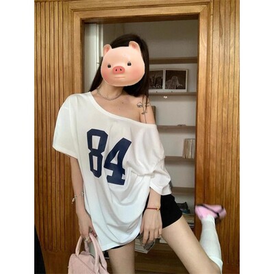 美式辣妹风字母印花斜肩短袖T恤女夏季小众宽松百搭个性上衣ins潮