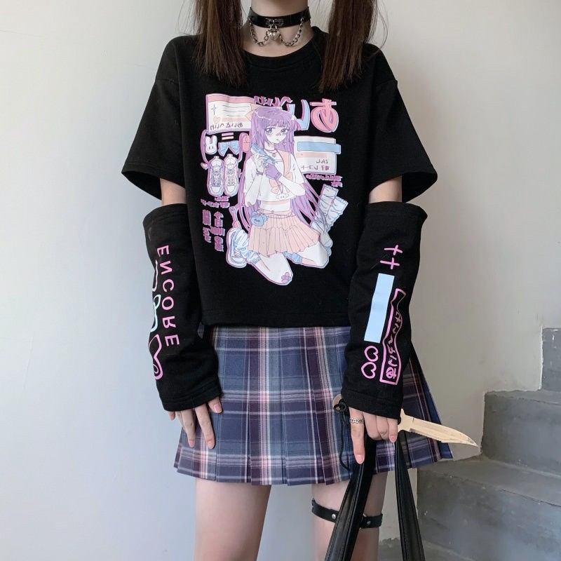 日系设计感JK拼接两截袖短袖t恤女秋季辣妹暗黑宽松打底上衣ins潮