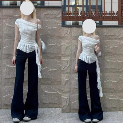 不规则荷叶边网纱拼接蕾丝上衣