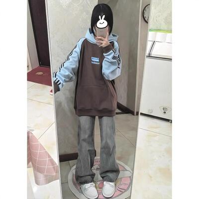 国潮情侣美式撞色插肩条纹卫衣女oversize春秋连帽宽松小个子上衣