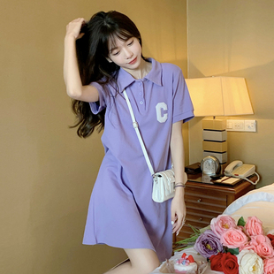 宽松小个子减龄显瘦裙子 韩版 2022新款 紫色polo领T恤连衣裙女夏季