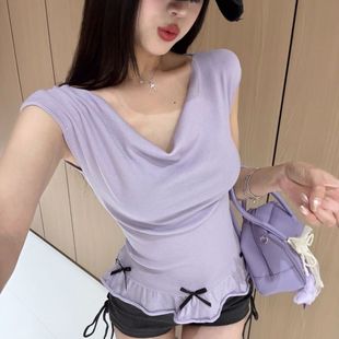 显瘦针织上衣潮 韩系纯欲风荡领无袖 T恤女夏季 新款 设计感小众修身