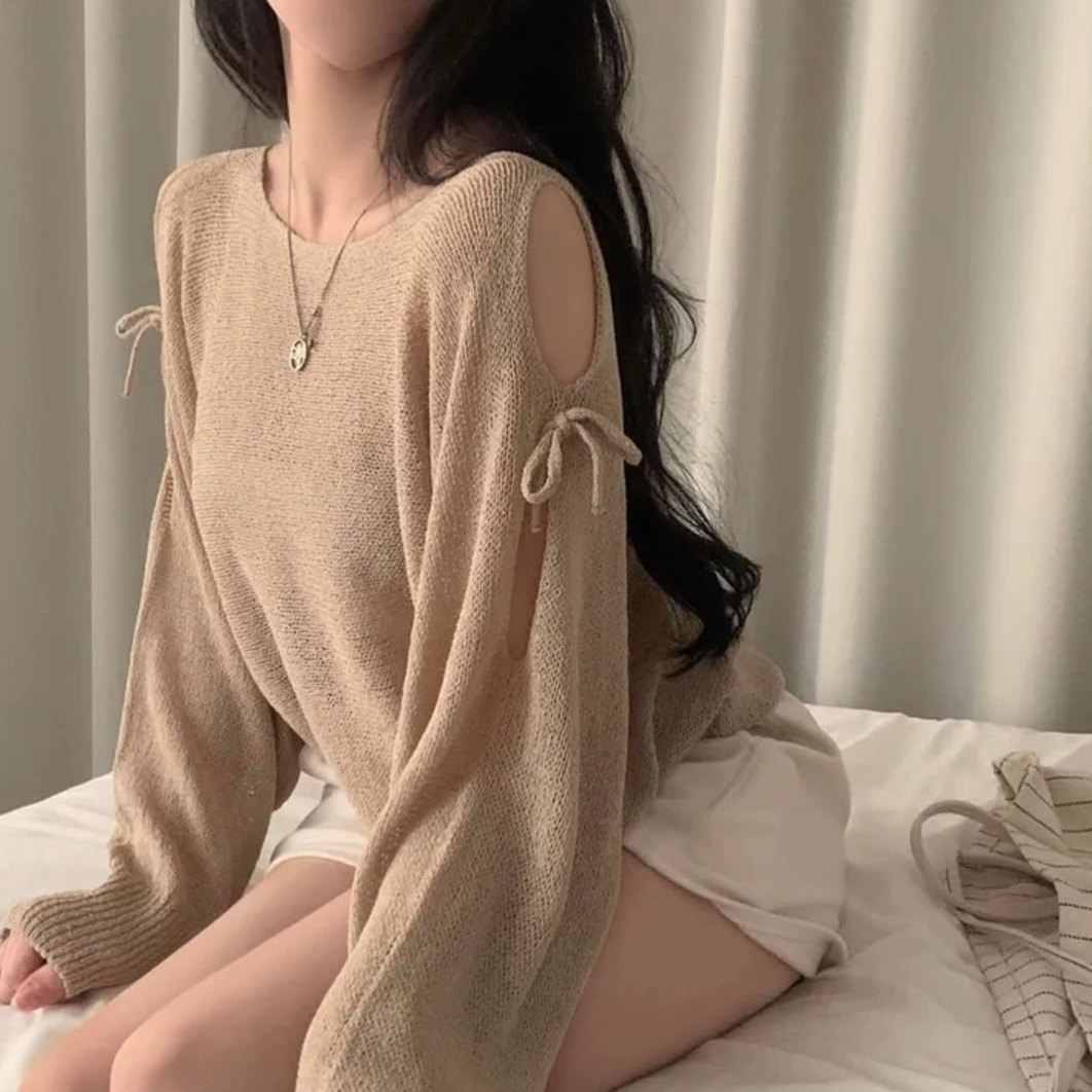 镂空露肩蝴蝶结性感长袖薄款罩衫