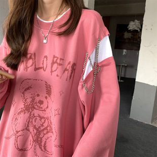 原宿风小熊涂鸦圆领卫衣男女同款ins国潮小众设计感长袖潮流上衣