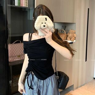 锁骨一字肩上衣 韩系露肩抽绳短袖 T恤女夏季 新款 别致辣妹纯欲短款