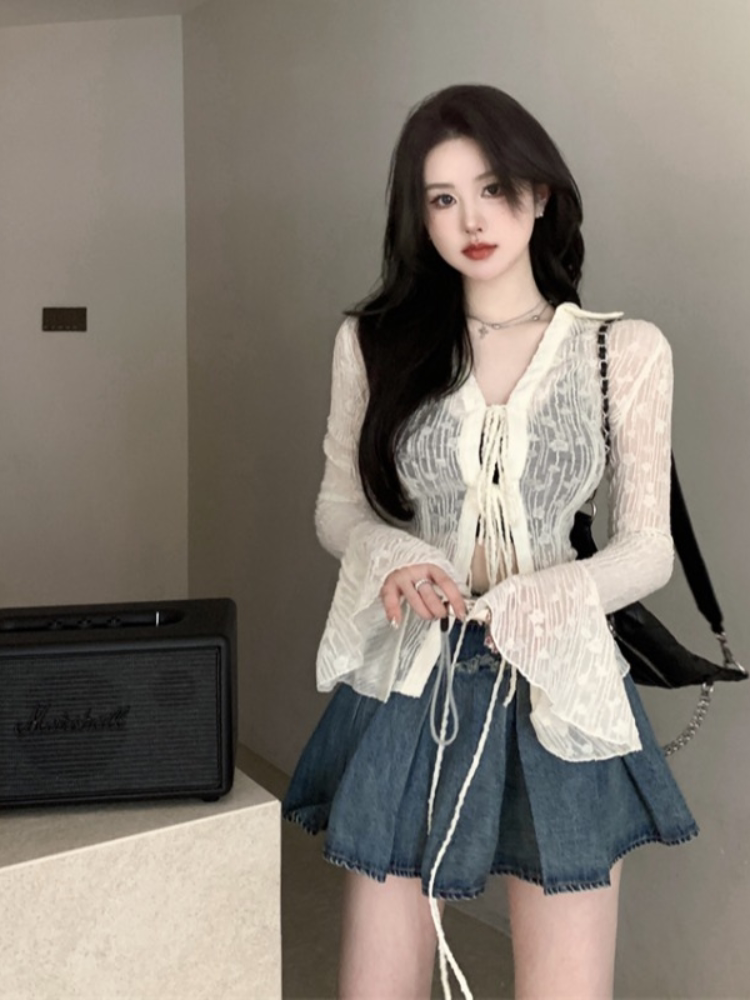 纯欲甜辣妹性感短款透视上衣女漂亮蕾丝小衫喇叭袖雪纺防晒开衫