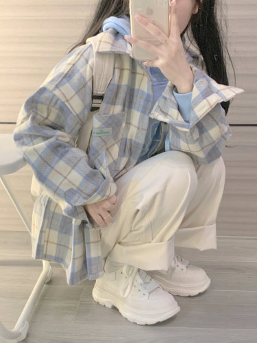 长袖格子衬衫慵懒日系甜美宽松