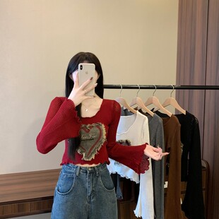 辣妹V领针织打底衫女早秋穿搭短款喇叭长袖牛仔拼接毛衣上衣ins潮