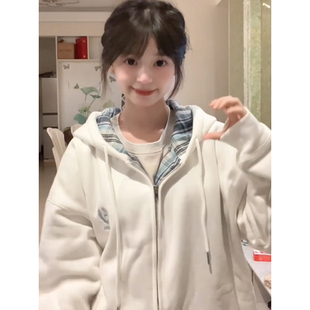 设计感小众格子拼接连帽卫衣女春秋加绒ins港风休闲开衫宽松上衣