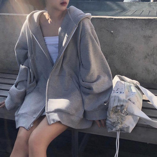 灰色卫衣开衫女秋冬oversize连帽外套韩版宽松慵懒棒球服加绒加厚