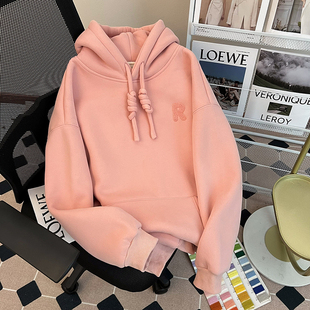 新款 复古慵懒风字母印花上衣小众宽松休闲粉色连帽卫衣女 加绒美式