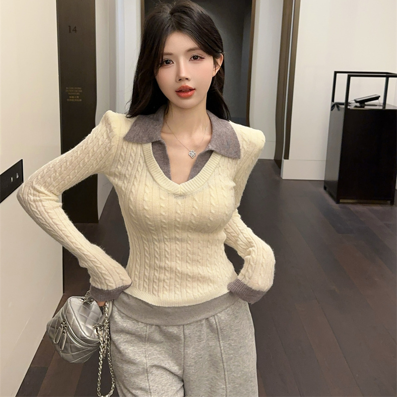 韩系假两件POLO领针织衫女2026秋冬学院风修身撞色麻花毛衣打底衫