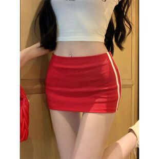 美式侧条纹红色包臀裙女辣妹运动风短裙设计防走光高腰a字半身裙
