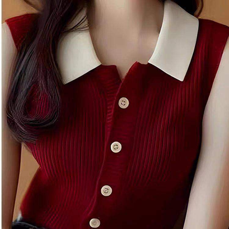 复古红色撞色针织开衫女士夏季时尚气质翻领打底背心小众绝美上衣,女装/女士精品,背心吊带,淘宝优惠券,粉丝福利购,淘宝优惠卷