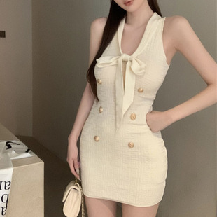 法式小香风无袖针织连衣裙女夏季薄款小个子短裙收腰显瘦包臀裙