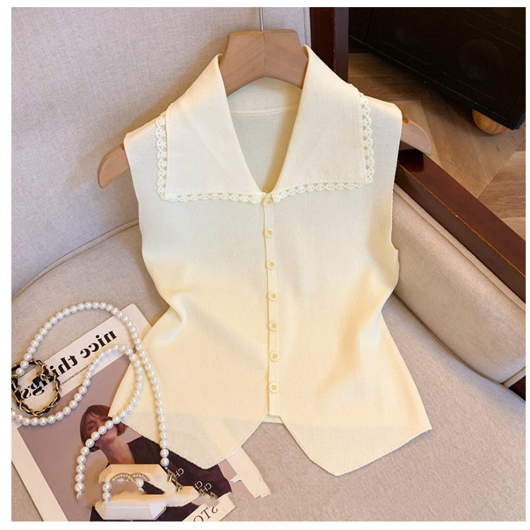 蕾丝花边翻领针织马甲女