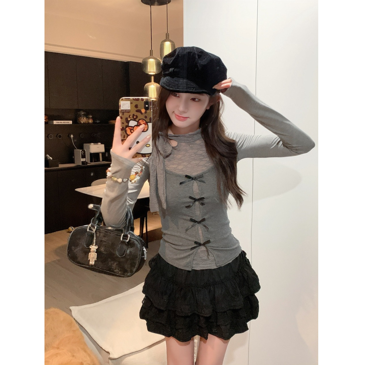 辣妹风蝴蝶结长袖T恤女2026新款纯欲灰色修身两件套打底衫上衣ins,女装/女士精品,T恤,淘宝优惠券,粉丝福利购,淘宝优惠卷