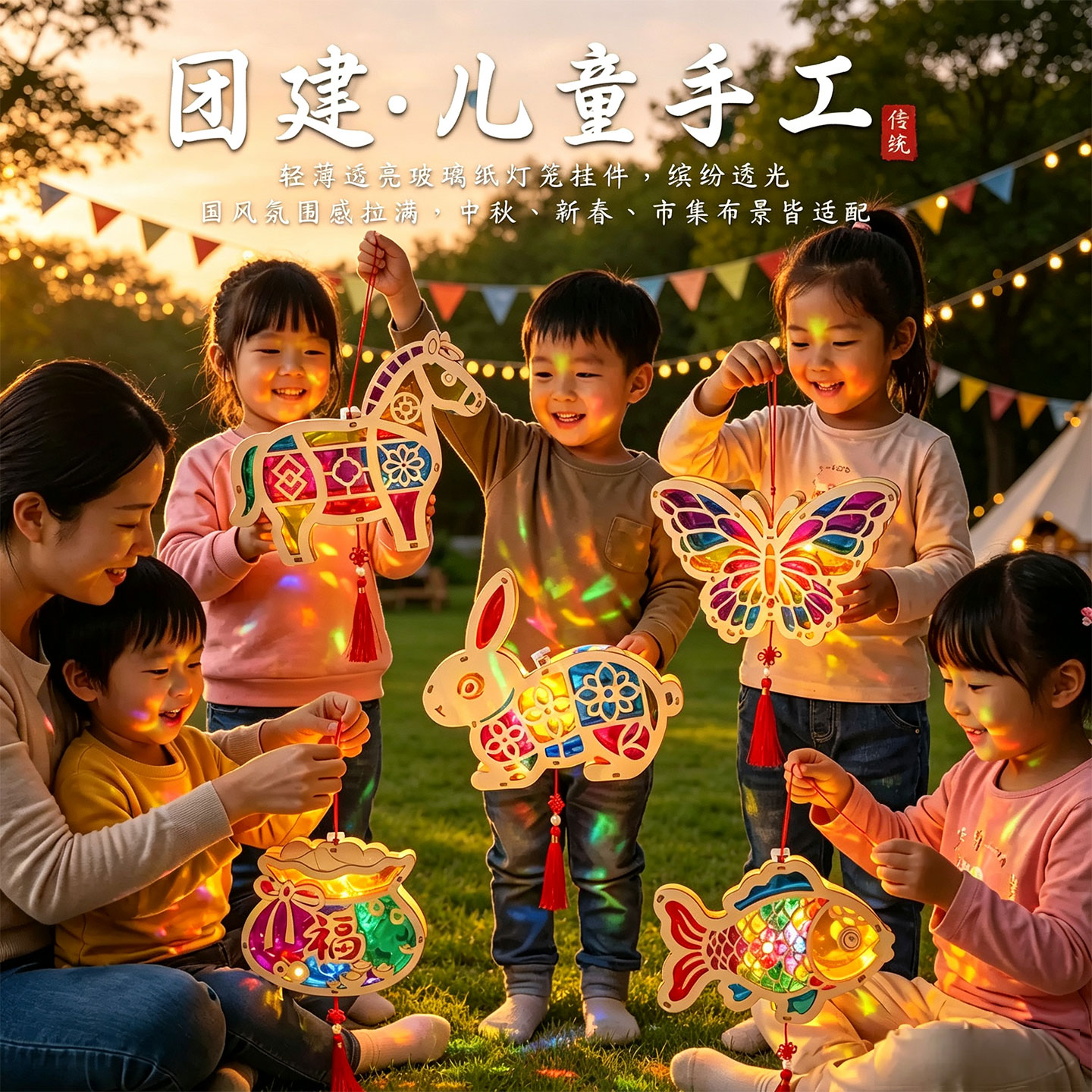 中秋节木质发光玻璃纸灯笼创意卡通小动物儿童手提花灯diy材料包