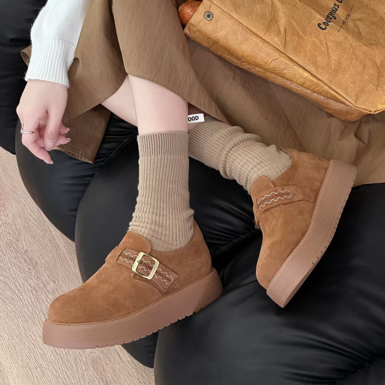 渊博2025新款厚底单鞋女复古真皮勃肯鞋一脚蹬软底不累脚休闲女鞋