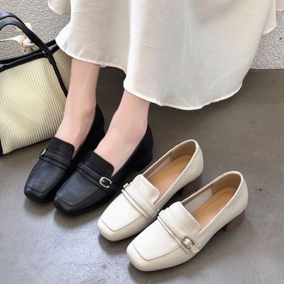 艾度粗跟单鞋真皮乐福鞋休闲女鞋