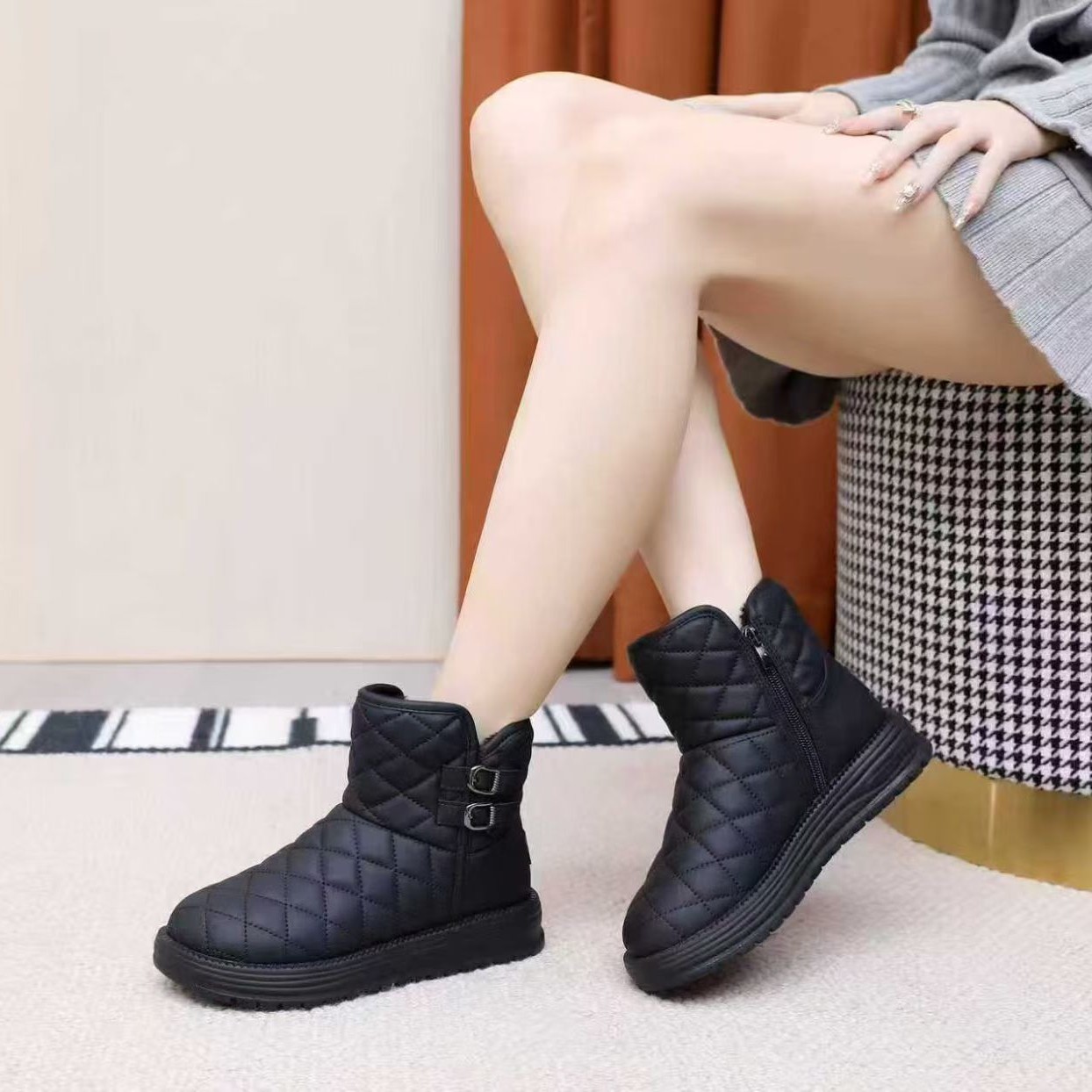 心朵莉厚底短靴加绒加厚防滑女靴