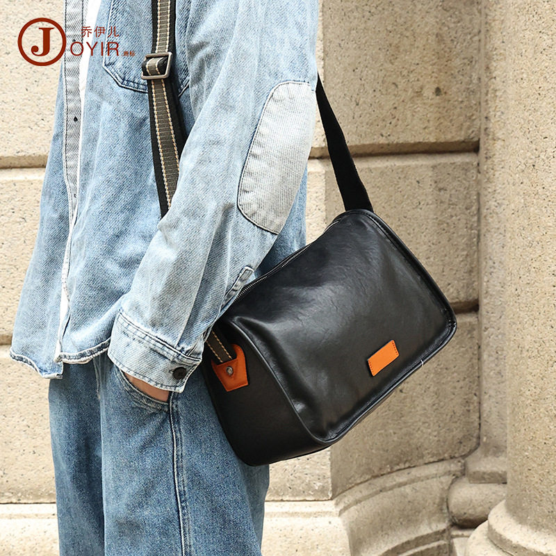 新款质感头层牛皮时尚男包黑色潮流单肩包男士真皮复古斜挎包男生