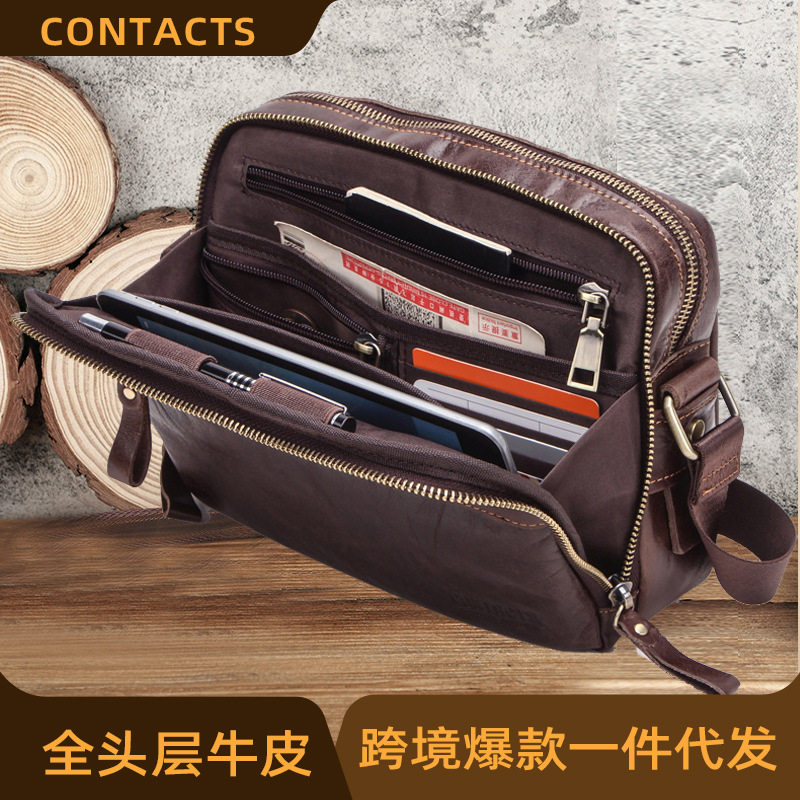 黑天使休闲时尚牛皮男士单肩斜挎包多功能头层牛皮男包现货