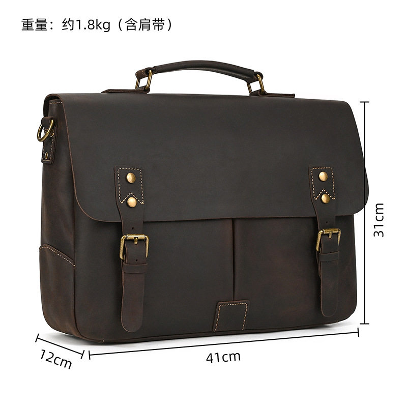 真皮男士公文包单肩包疯马皮复古大容量手提包Leather Briefcase