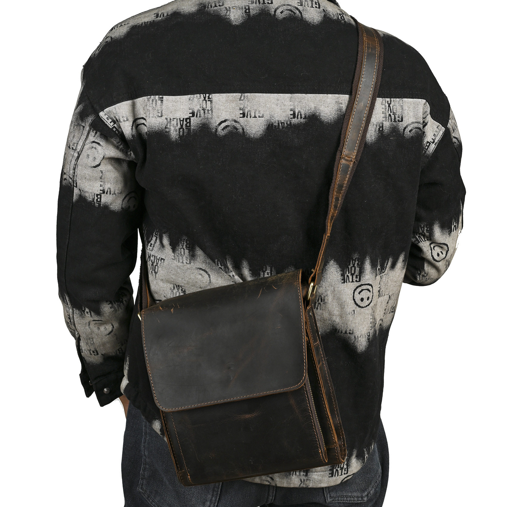 头层疯马皮牛皮欧美复古男士10寸户外旅游出差单肩斜跨包3027