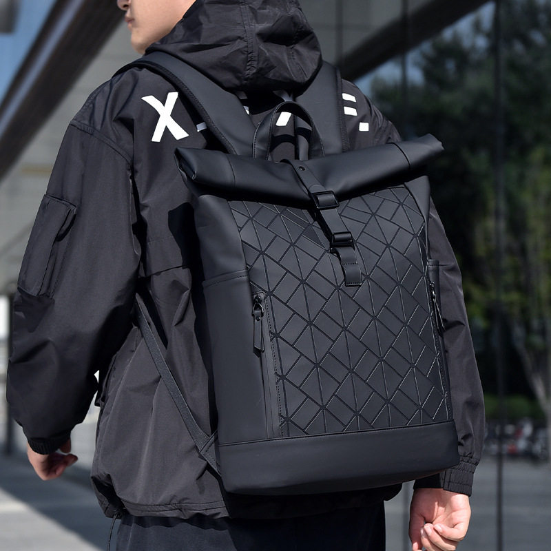 菱格双肩包男士卷顶背包旅行上班通勤电脑包大容量大学生书包男潮