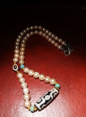 13665  台湾一代珍珠黄金九眼天珠项链