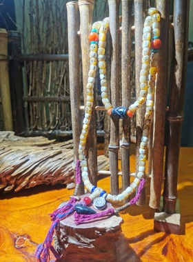 14151  藏传老鱼骨108配西亚黑石绳结珠顶珠老南红腰珠套链