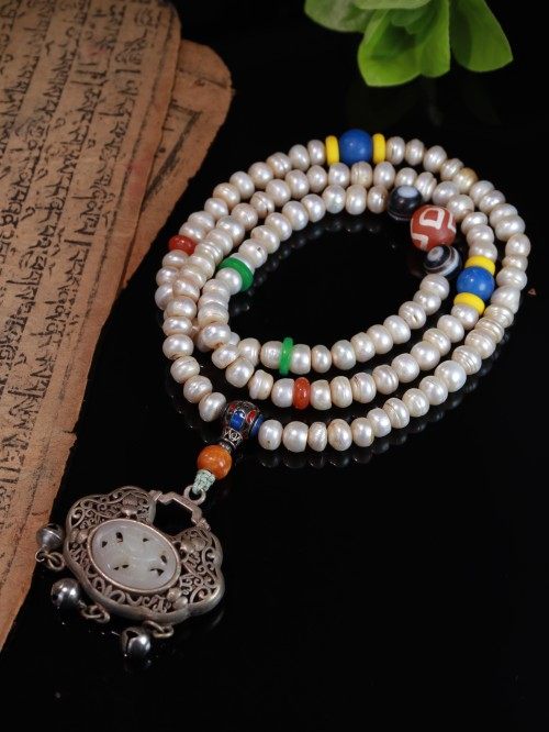 9440老和田玉银锁老珍珠佛珠项链多宝百搭配饰Antique Pearl Mala