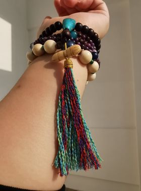 15364藏传老紫檀手持 配绿松石三通老高级白背云古雅显格调