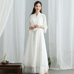 2025春夏新款 女 系带汉服仙女棉双层白色大摆连衣长裙禅意茶服套装