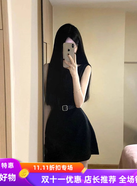 E28法式纯欲黑色无袖背心连衣裙女小个子高级感收腰显瘦气质