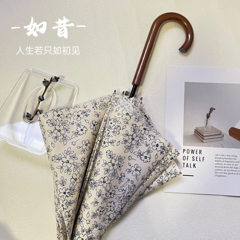 韩版花纹长柄伞木柄素雅自动直杆弯钩雨伞防雨加固加厚结实8骨