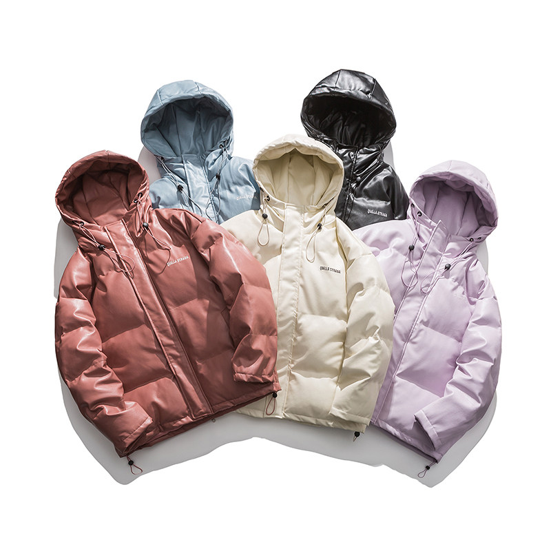 Winter solid color hooded leather cotton clothing polyester