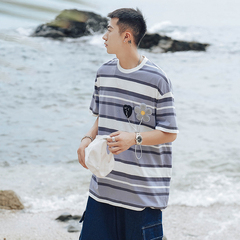 Summer creative Decal contrast stripe short sleeve T-shirt (100% cotton)