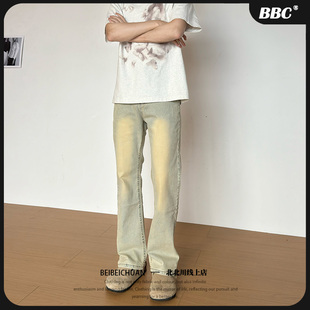 男生高街穿搭美式 黄泥色水洗做旧直筒微喇牛仔裤 百搭牛仔 BBC