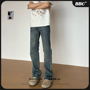 男生高街穿搭美式 复古蓝水洗做旧直筒微喇牛仔裤 百搭牛仔 BBC
