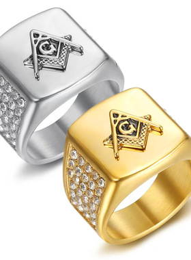 欧美饰品钛钢指环个性复古共济会男士钛钢戒指礼品锆石指环男饰品