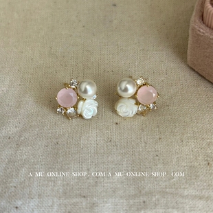A.MU 别致小众设计感立体雕刻玫瑰珍珠粉色银针耳钉耳夹 玫瑰日记