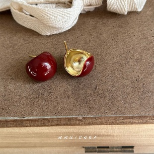 A.MU 酒红色小夸张复古滴釉圆弧造型立体耳环无耳洞耳夹 车厘子红
