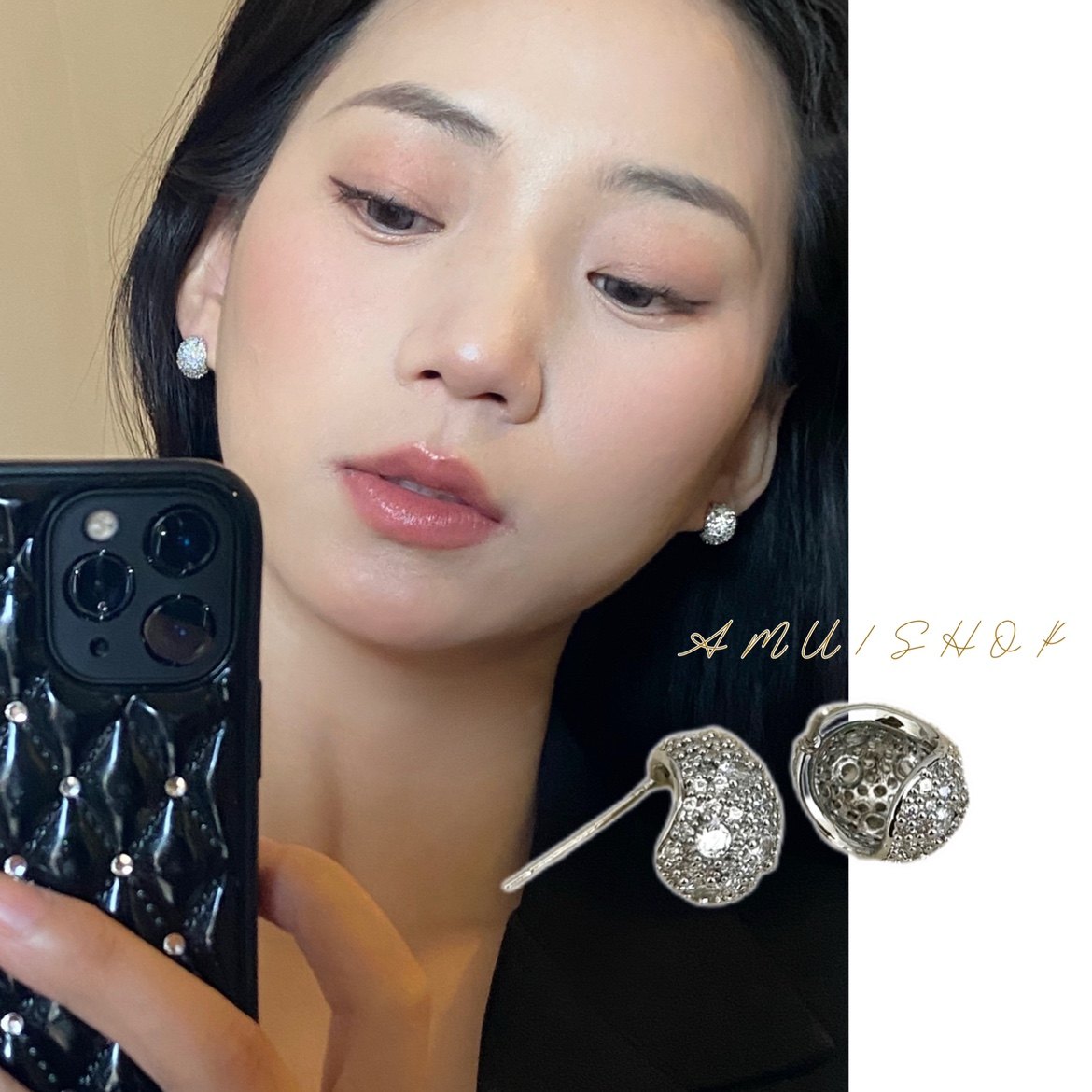 a.mu满锆小银蛋设计感耳环耳夹