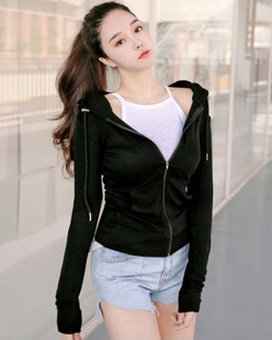 显瘦拉链开衫 连帽紧身卫衣女款 现货韩国修身 学生健身短外套上衣秋