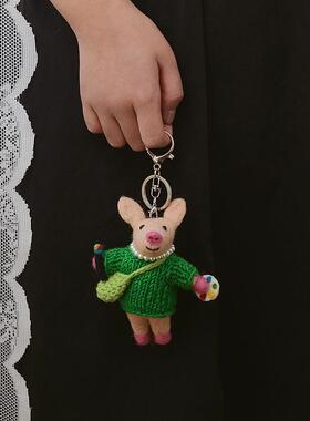 尼泊尔手工羊毛毡画家猪包挂件绿色小猪猪钥匙扣金属钥匙圈小众潮