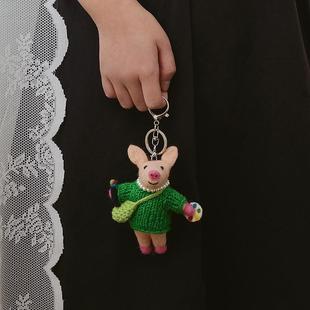 尼泊尔手工羊毛毡画家猪包挂件绿色小猪猪钥匙扣金属钥匙圈小众潮