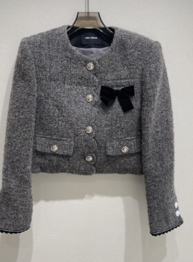 VeraSeriase小香风短外套女高级灰粗花丝绒蝴蝶结精致优雅显气质